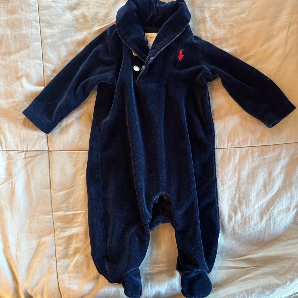Ralph Lauren Baby Navy Blue velvet and plaid One Piece with snaps size 3M